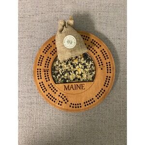 Maine Shellware Wooden Cribbage Board Crushed Shell Inlay Round Travel Game 7in